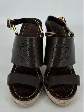 Tory Burch Kimberly Dark Brown Leather Wedge Sandals Sz 8